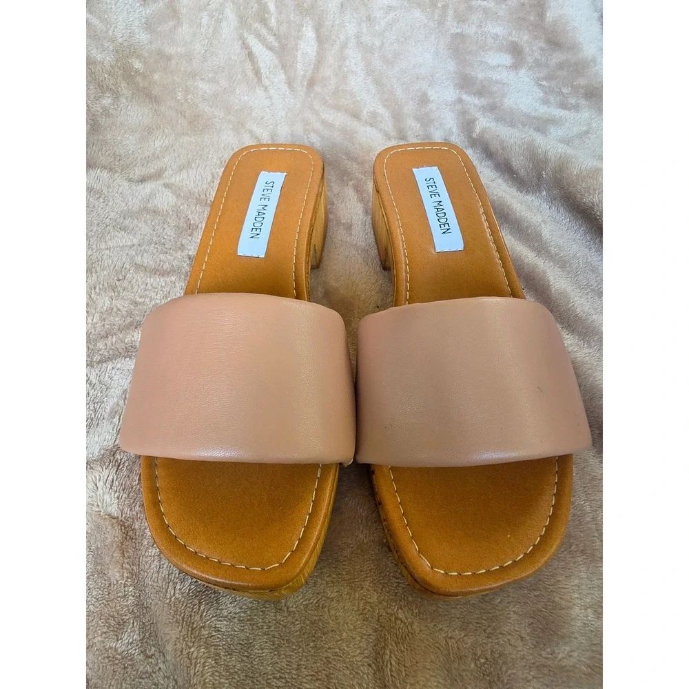Steve Madden Nude Padded Slide Sandals Wooden Platform Studded Clogs Size 39